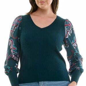 Zac & Rachel Teal V-Neck Sweater with Patterned Sleeves